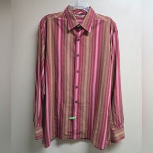 Tommy Bahama Shirt Mens Large Red Brown Stripe Button Up Casual 100% Silk